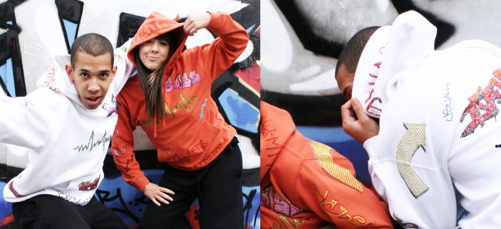 Dancers posing in front of Graffiti wall in Cool hoodies