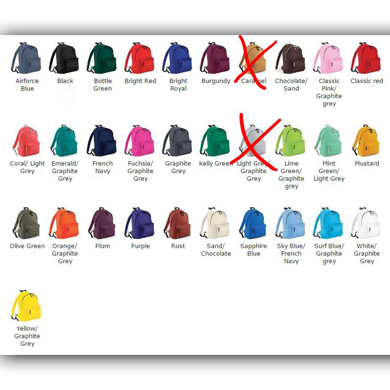 Customised Backpack Colours