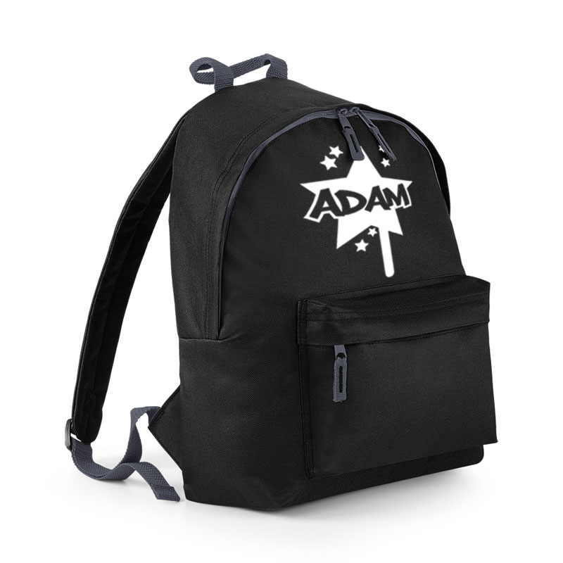 Black backpack with name on