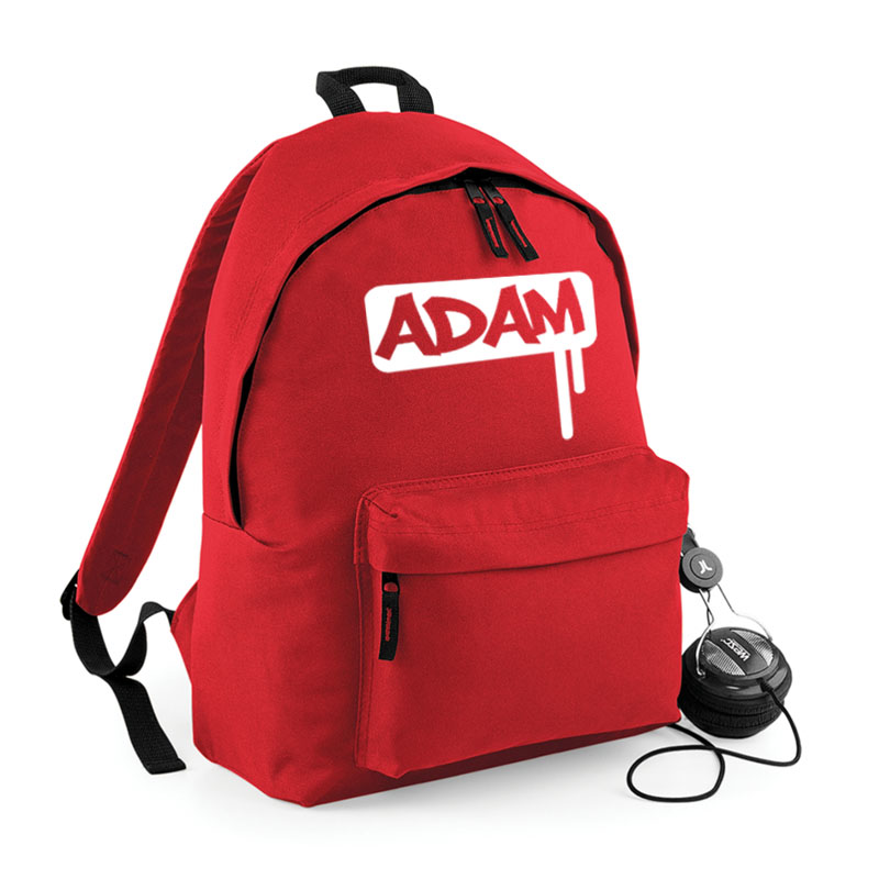 Red backpack with name on